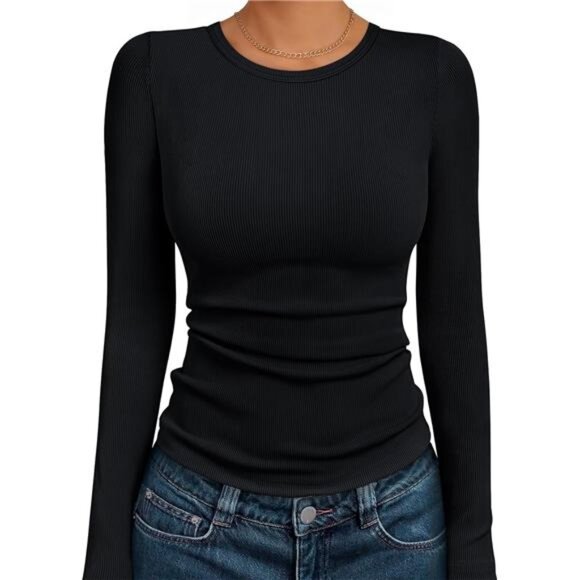 Long Sleeve Shirts Blouses Fall Fashion Ribbed Basic Tops Winter - Picture 1 of 7